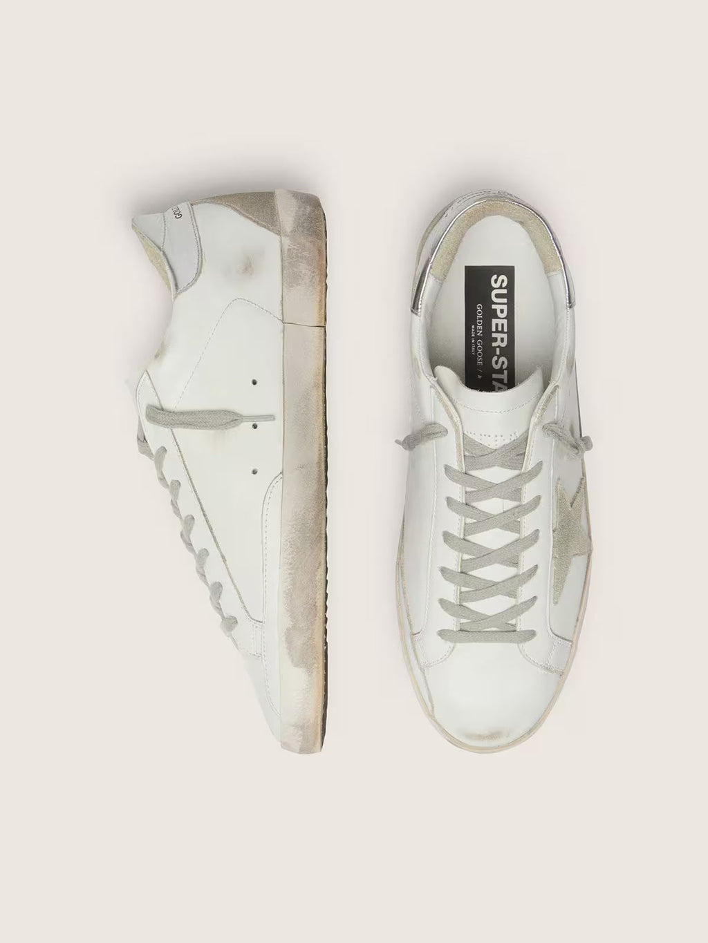 Golden Goose Super-Star with silver heel tab and lettering