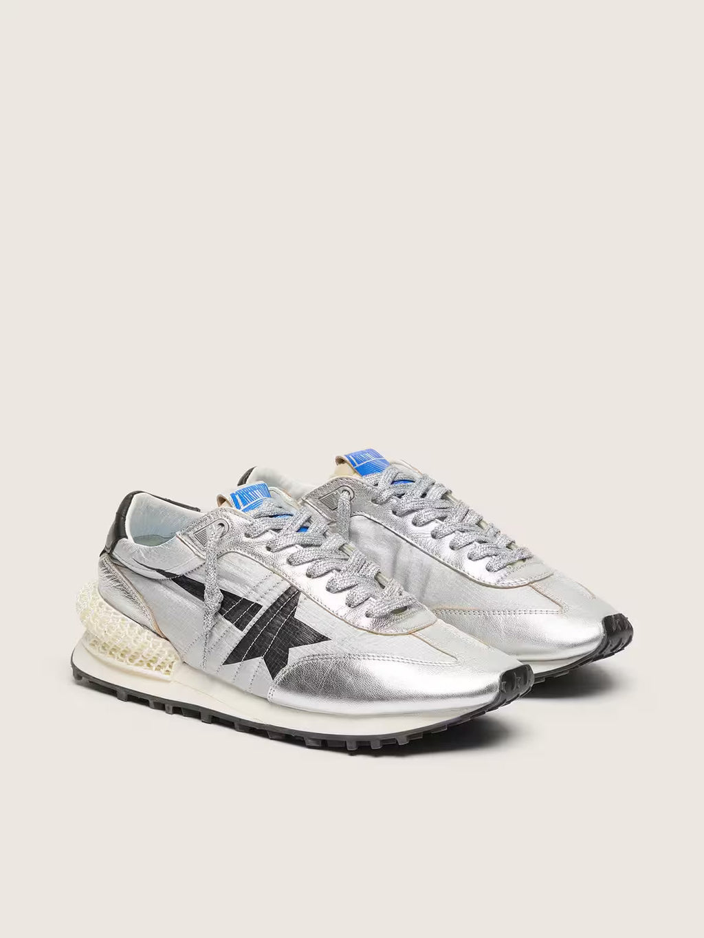 Golden Goose Marathon with silver ripstop nylon upper and black star