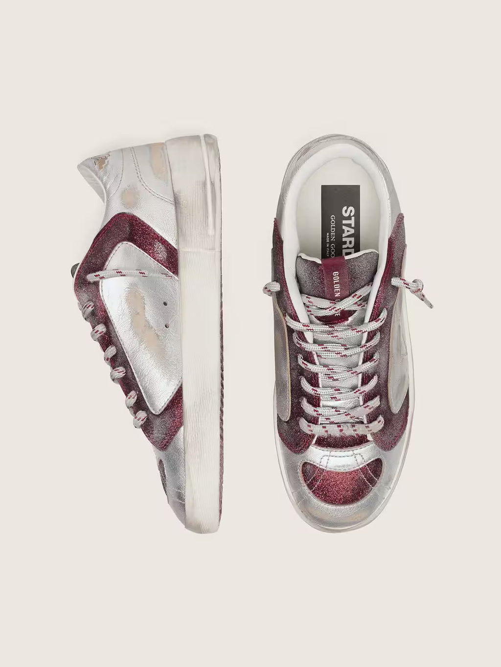 Golden Goose Stardan LAB in burgundy and silver leather and glitter