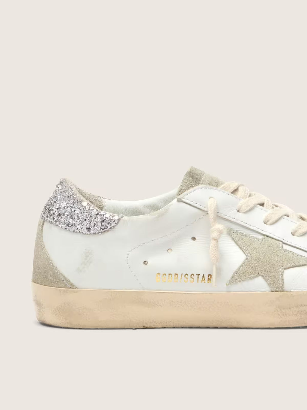 Golden Goose Super-Star with gray star and silver glitter heel tab