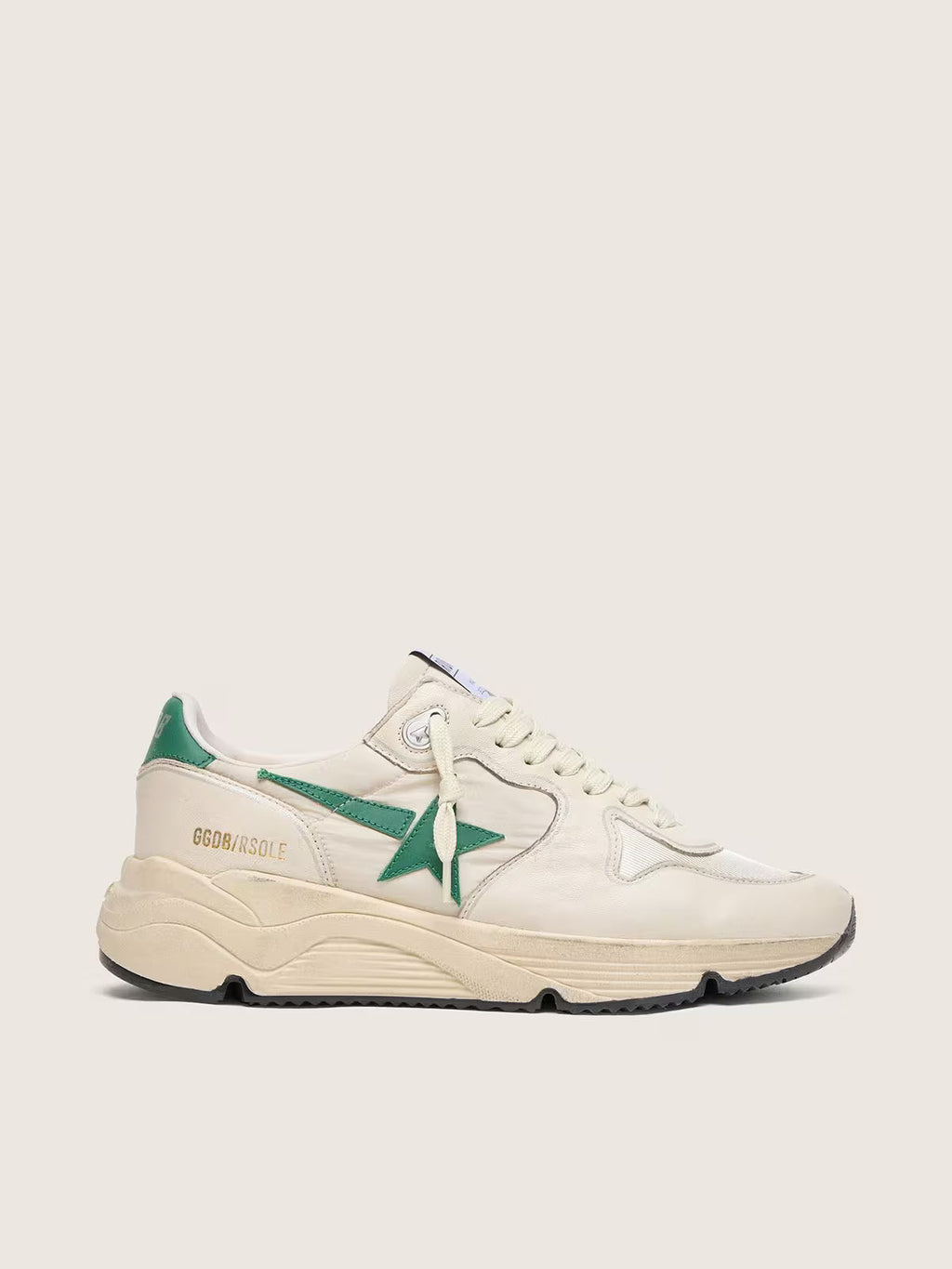 Golden Goose Running Sole in cream nylon and leather with green leather star