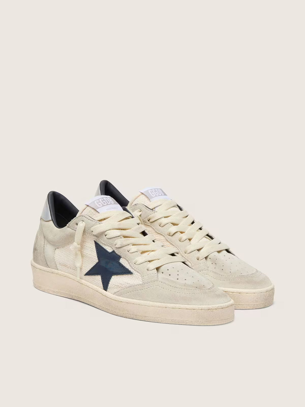 Golden Goose Ball Star LTD in gray suede with blue star and cream-colored crochet inserts