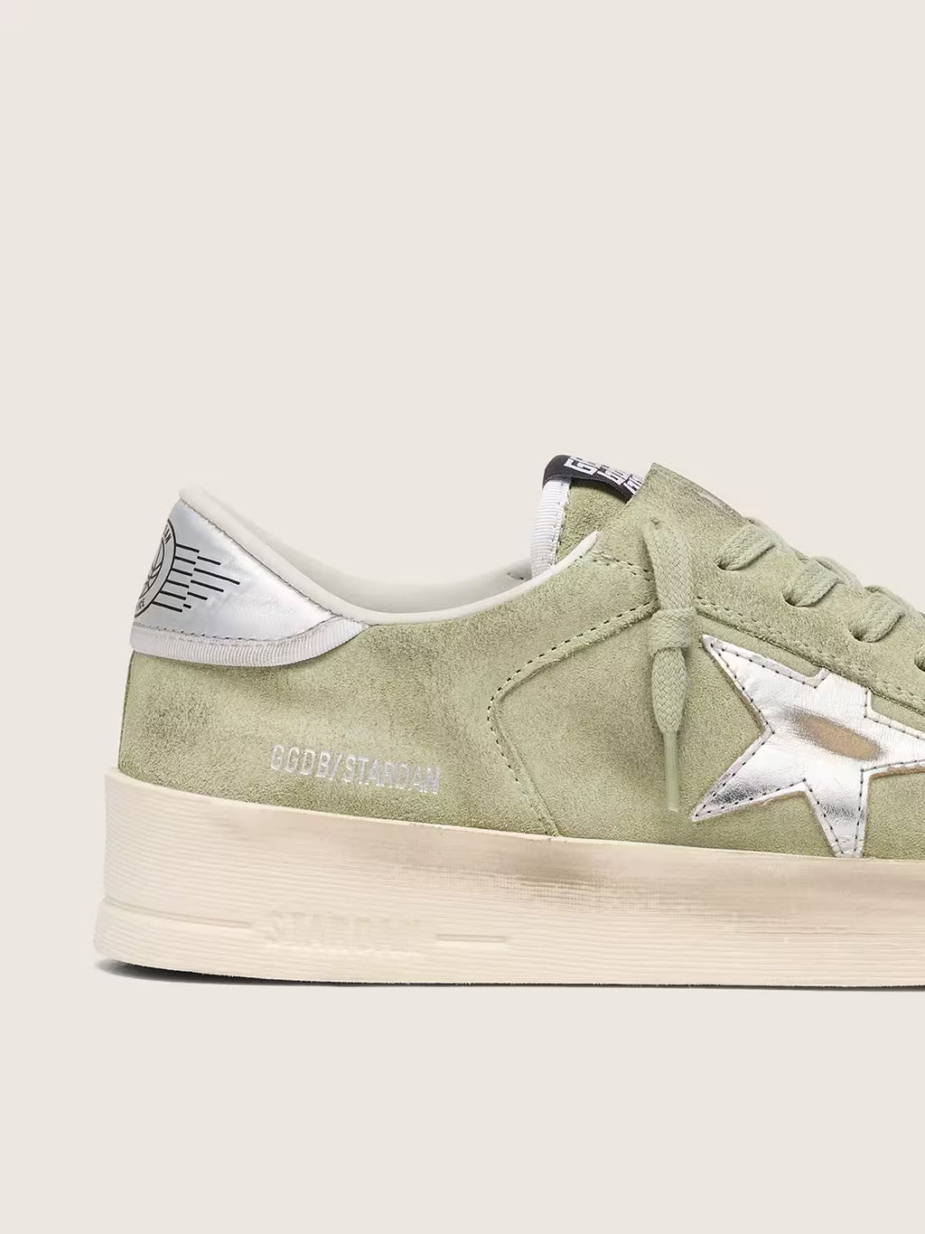 Golden Goose Stardan in sage-green suede with metallic silver star